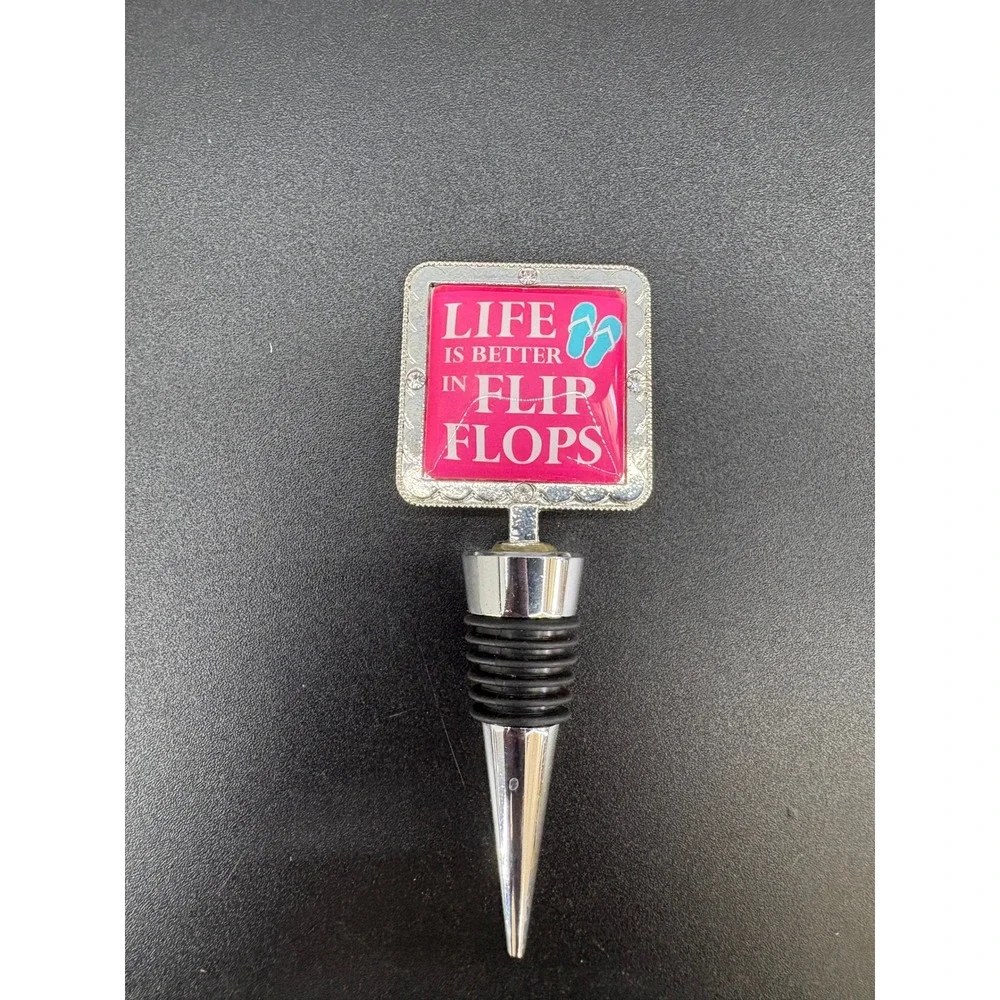 Life Is Better In Flip Flops Wine Bottle Stopper Pink Silver Rhinestone Beach